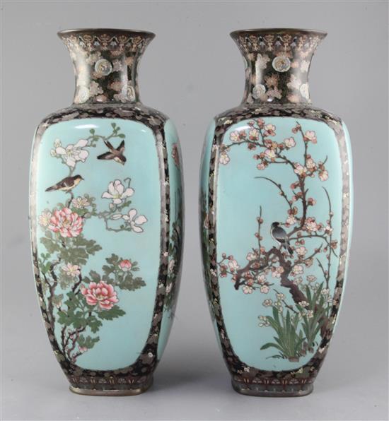 A large pair of Japanese cloisonne enamel square baluster vases, Meiji period, 41cm